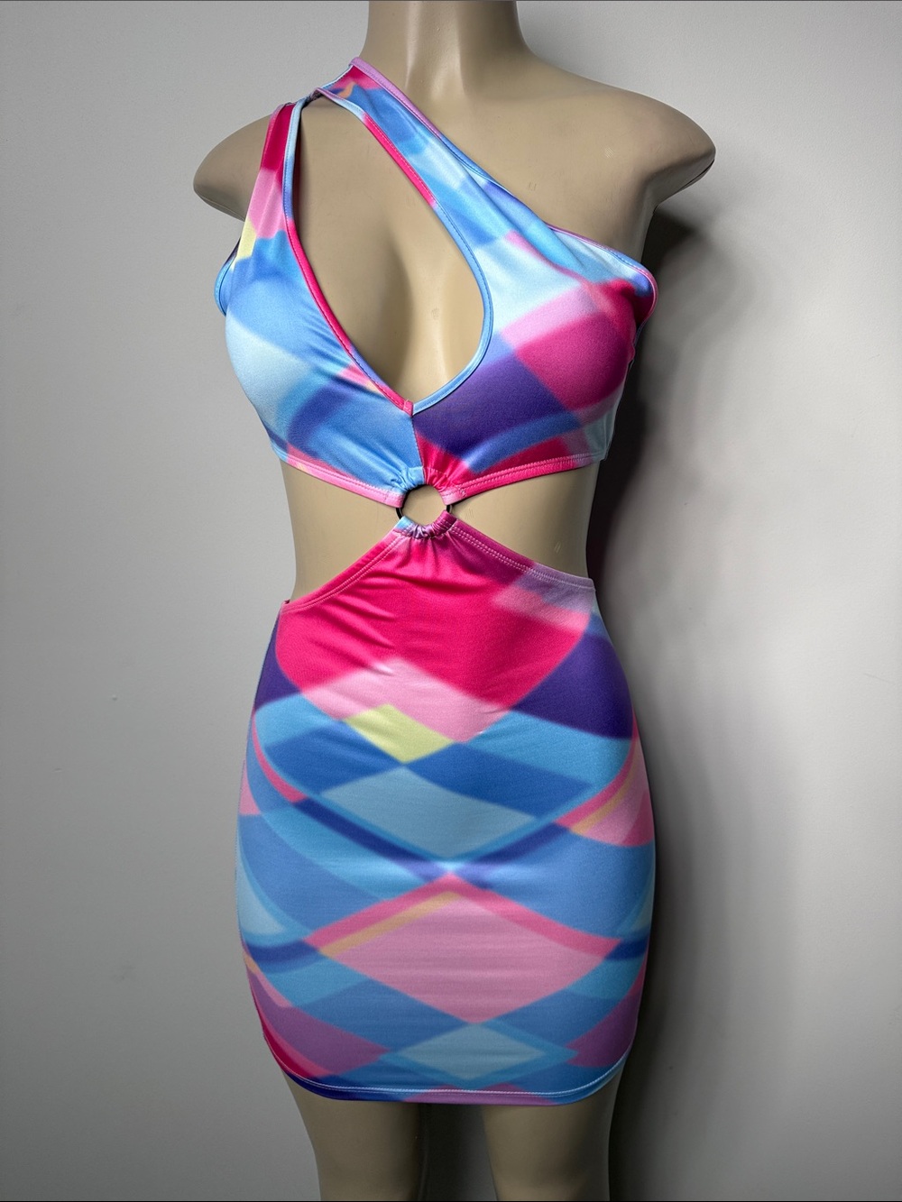 SHEIN Pink & Blue One-Shoulder Cutout Bodycon Dress